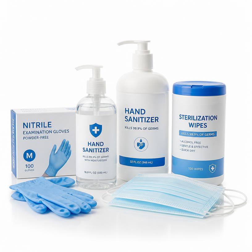 Medical hygiene supplies including gloves, masks and sanitizer